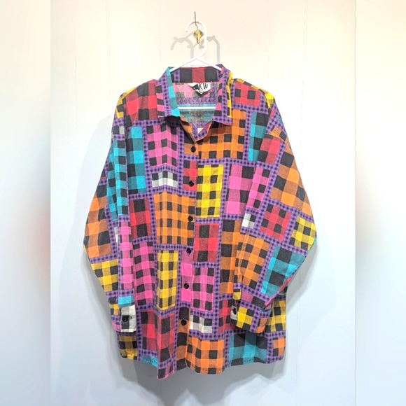 New York Knitworks Tops - Vintage 80s 90s New York Knitworks Patchwork Flannel Shirt Women’s 2X Made in US